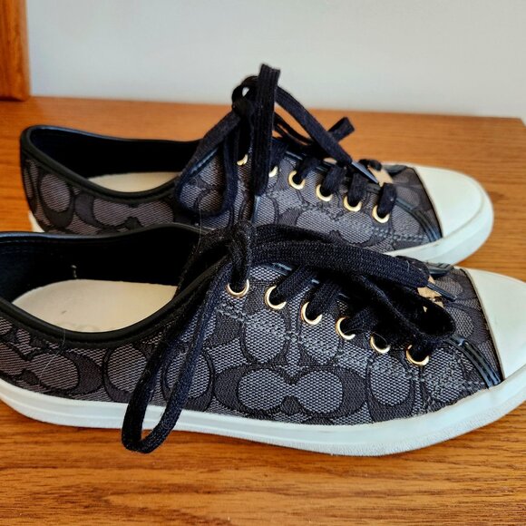 COACH WONEN'S BLACK AND GREY LOGO CANVAS LACE UP  KEDS SIZE 8B LIKE NEW - Picture 1 of 8
